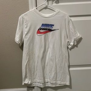 Men’s White Nike shirt with colored Nike and Swish
